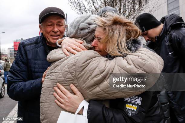 Ukrainian refugees greet their family after arriving in Krakow, Poland with Abdar travel agency on April 5, 2022. As the Russian Federation invaded...