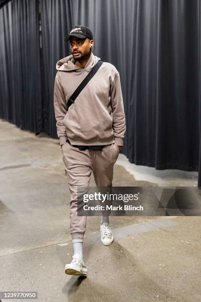 Timothe Luwawu-Cabarrot of the Atlanta Hawks arrives to the arena before the game against the Toronto Raptors on April 5, 2022 at the Scotiabank...