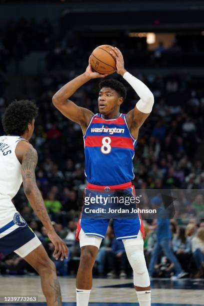 Rui Hachimura of the Washington Wizards handles the ball during the game against the Minnesota Timberwolves on April 5, 2022 at Target Center in...