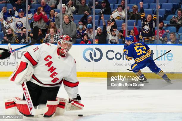 Jeff Skinner of the Buffalo Sabres celebrates after scoring against Frederik Andersen of the Carolina Hurricanes during the second period in an NHL...