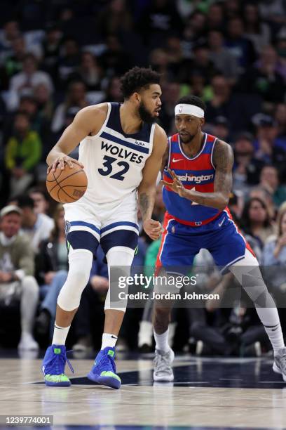 Karl-Anthony Towns of the Minnesota Timberwolves dribbles the ball during the game against the Washington Wizards on April 5, 2022 at Target Center...