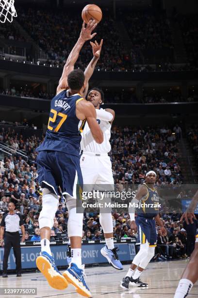 Rudy Gobert of the Utah Jazz blocks the shot of Xavier Tillman Sr. #2 of the Memphis Grizzlies during the game on April 5, 2022 at vivint.SmartHome...