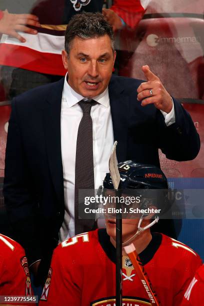 Florida Panthers Interim Head Coach Andrew Brunette directs his team from the bench against the Toronto Maple Leafs at the FLA Live Arena on April 5,...