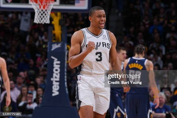 Keldon Johnson of the San Antonio Spurs celebrates during the game against the Denver Nuggets on April 5, 2022 at the Ball Arena in Denver, Colorado....