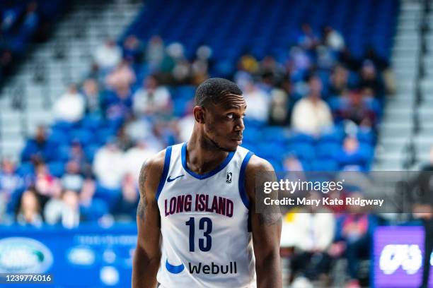 Treveon Graham of the Long Island Nets looks on during a game against the Delaware Blue Coats during the first round of the 2022 Gleague Playoffs on...