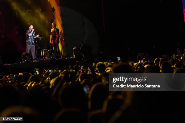 Singer Adam Levine of Maroon 5 performs live on stage at Allianz Parque on April 5, 2022 in Sao Paulo, Brazil.