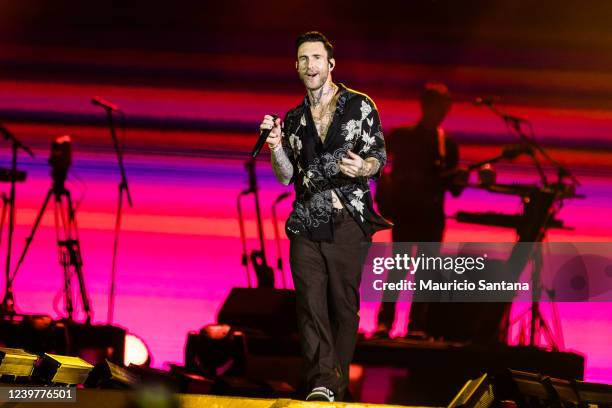 Singer Adam Levine of Maroon 5 performs live on stage at Allianz Parque on April 5, 2022 in Sao Paulo, Brazil.