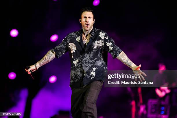 Singer Adam Levine of Maroon 5 performs live on stage at Allianz Parque on April 5, 2022 in Sao Paulo, Brazil.