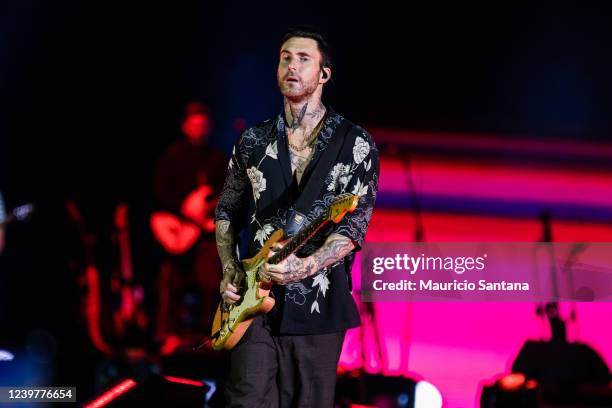 Singer Adam Levine of Maroon 5 performs live on stage at Allianz Parque on April 5, 2022 in Sao Paulo, Brazil.