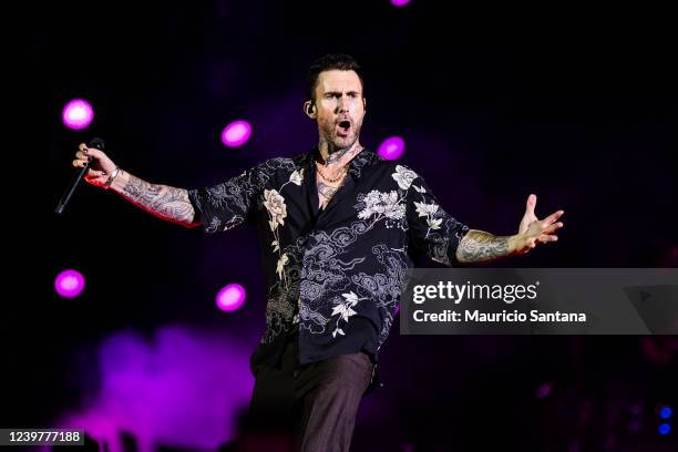 Singer Adam Levine of Maroon 5 performs live on stage at Allianz Parque on April 5, 2022 in Sao Paulo, Brazil.