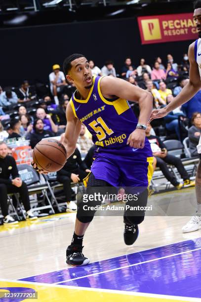 Tremont Waters of the South Bay Lakers handles the ball during the game against against the Santa Cruz Warriors during the NBA G League Playoffs on...