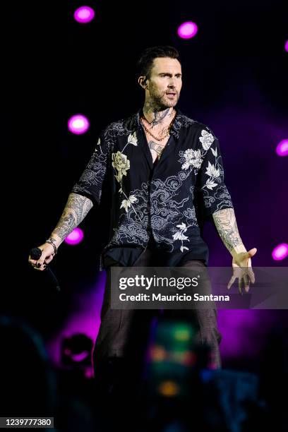 Singer Adam Levine of Maroon 5 performs live on stage at Allianz Parque on April 5, 2022 in Sao Paulo, Brazil.