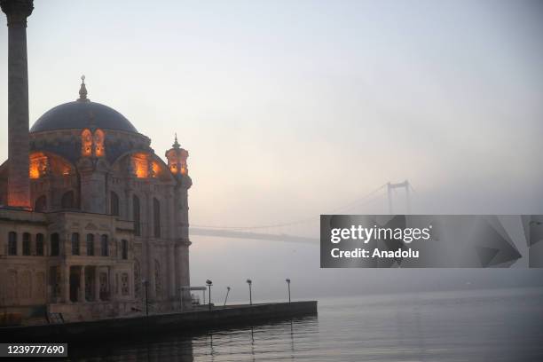 Great Mecidiye Mosque is seen as fog blankets Bosphorus and its surroundings in Istanbul, Turkiye on April 06, 2022. It is reported that the ship...