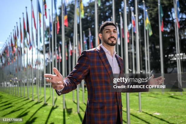 American basketball player Enes Kanter Freedom poses during an interview with AFP at the United Nations Office in Geneva on April 5, 2022. - Enes...