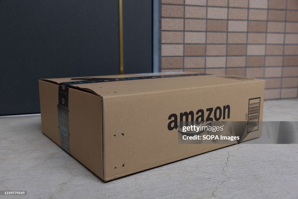 Amazon delivery package seen in front of a door...