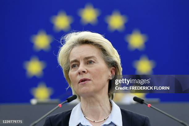 European Commission President Ursula von der Leyen speaks during a debate on the conclusions of the European Council meeting regarding Russian...