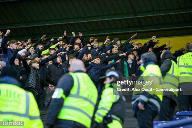 Preston North End fans taunt Blackpool fans during the Sky Bet Championship match between Preston North End and Blackpool at Deepdale on April 5,...