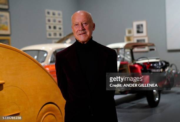 British architect Lord Norman Foster poses during the presentation of the "Motion. Autos Art Architecture" exhibition, curated by himself, at the...