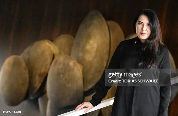 Serbian artist Marina Abramovic poses for the media after a news conference on her latest work titled "7 Deaths of Maria Callas" at the Deutsche Oper...