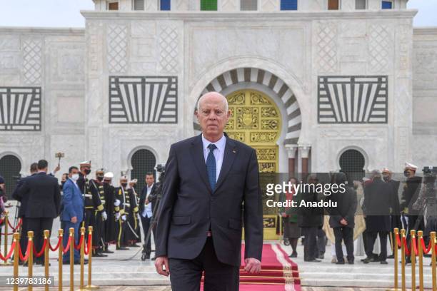 Tunisian President Kais Saied attends an official commemoration ceremony of the 21st anniversary of the death of Leader Habib Bourguiba, founder of...
