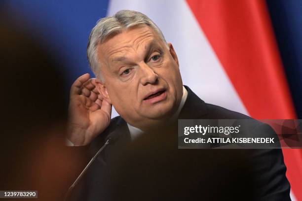 Hungarian Prime Minister Viktor Orban gives his first international press conference after his FIDESZ party won the parliamentary election, in the...