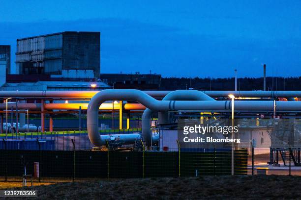 Pipework at the gas receiving station of the halted Nord Stream 2 project, on the site of a former nuclear power plant, in Lubmin, Germany, on...