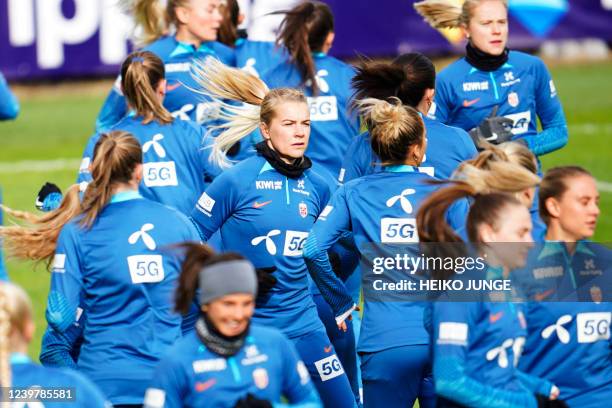 Norway's Ada Hegerberg and teammates attend a training session of the women's national football team of Norway at the Release Stadium in Sandefjord,...