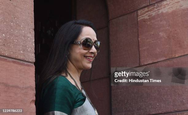 Hema Malini, at Parliament House on April 6, 2022 in New Delhi, India.