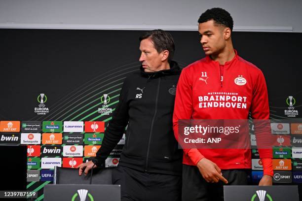Cody Gakpo, coach Roger Schmidt during the press conference training session ahead of the match between Leicester City FC and PSV at King Power...