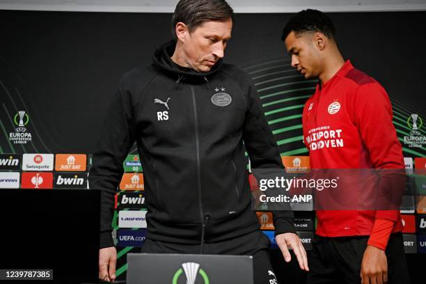 Cody Gakpo, coach Roger Schmidt during the press conference training session ahead of the match between Leicester City FC and PSV at King Power...