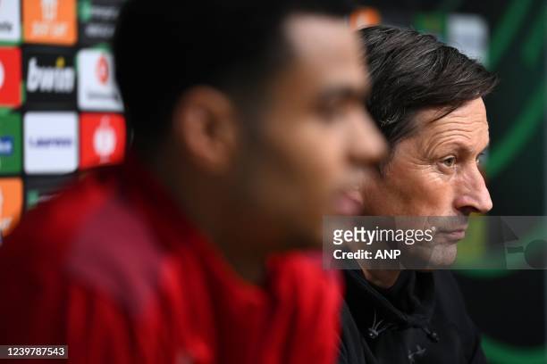 Cody Gakpo, coach Roger Schmidt during the press conference training session ahead of the match between Leicester City FC and PSV at King Power...