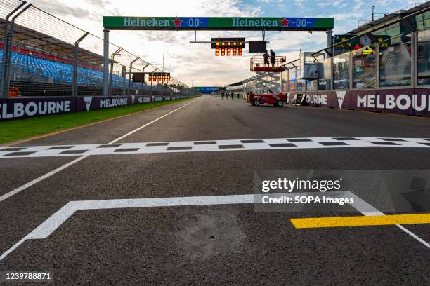 The pole position starting grid spot during preparations for the 2022 Australian Grand Prix at the Albert Park Grand Prix circuit.