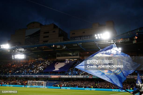 Chelsea's flag flaps in the wind prior to the UEFA Champions League Quarter-final first leg football match between Chelsea and Real Madrid at...
