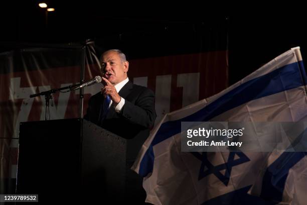 Former Israeli Prime Minister Benjamin Netanyahu speaks during a protest against the Israeli government on April 6, 2022 in Jerusalem, Israel. At the...