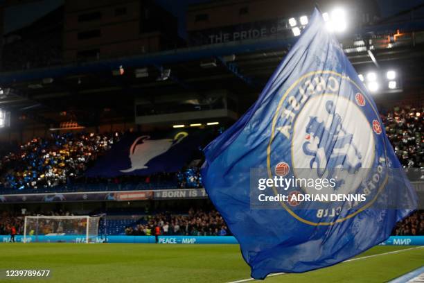 Chelsea's flag flaps in the wind prior to the UEFA Champions League Quarter-final first leg football match between Chelsea and Real Madrid at...