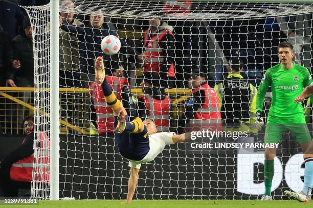 Everton's Brazilian striker Richarlison attempts an overhead kick during the English Premier League football match between Burnley and Everton at...