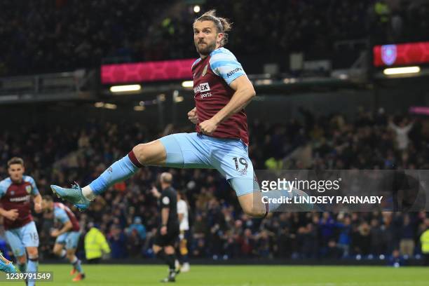 Burnley's English striker Jay Rodriguez celebrates after scoring their second goal during the English Premier League football match between Burnley...