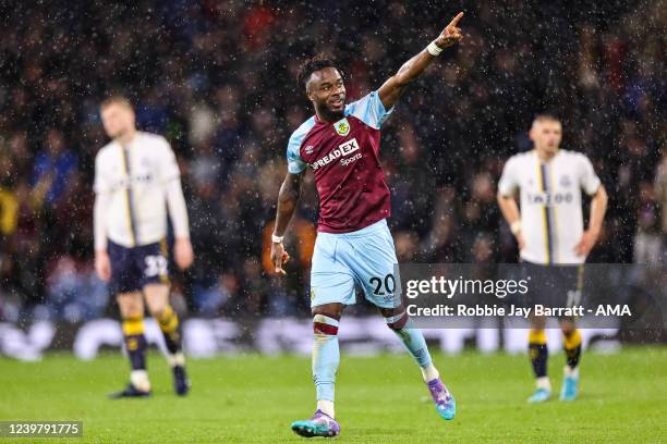 Maxwel Cornet of Burnley celebrates after scoring a goal to make it 3-2 during the Premier League match between Burnley and Everton at Turf Moor on...