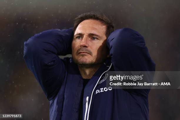Frank Lampard the head coach / manager of Everton reacts during the Premier League match between Burnley and Everton at Turf Moor on April 6, 2022 in...