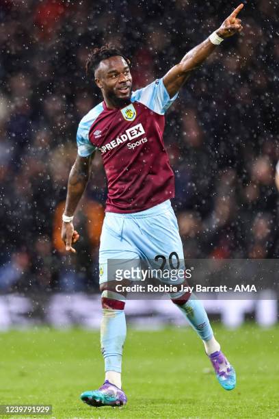 Maxwel Cornet of Burnley celebrates after scoring a goal to make it 3-2 during the Premier League match between Burnley and Everton at Turf Moor on...