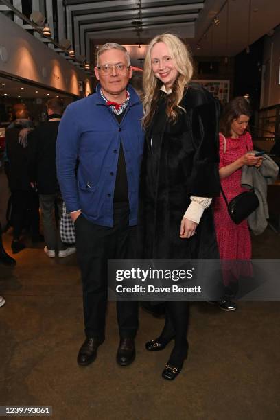 Giles Deacon and Gwendoline Christie attend the press night after party for "Daddy" at The Almeida Theatre on April 6, 2022 in London, England.