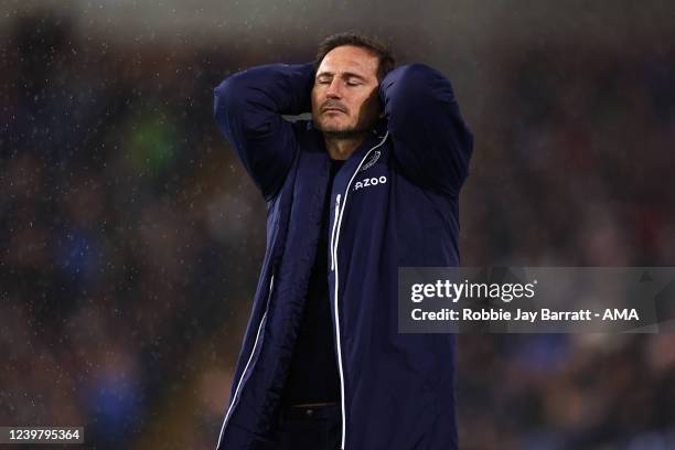 Frank Lampard the head coach / manager of Everton reacts during the Premier League match between Burnley and Everton at Turf Moor on April 6, 2022 in...