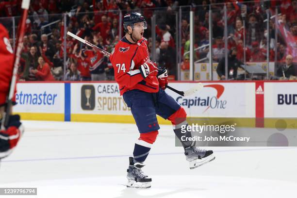 John Carlson of the Washington Capitals celebrates a goal against the Tampa Bay Lightning at Capital One Arena on April 6, 2022 in Washington, D.C.
