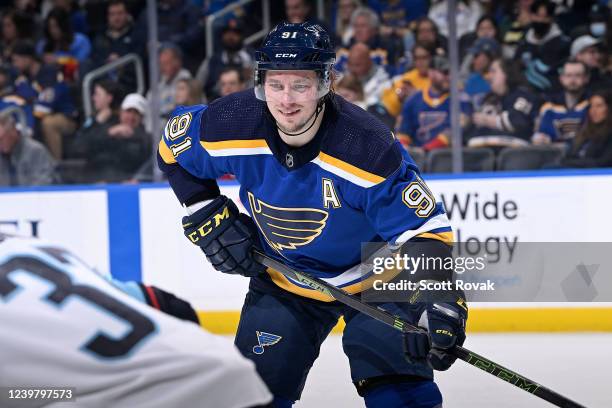 Vladimir Tarasenko of the St. Louis Blues during the game against the Seattle Kraken at the Enterprise Center on April 6, 2022 in St. Louis, Missouri.