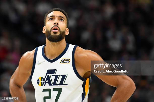 Rudy Gobert of the Utah Jazz looks on during the first half of a game against the Oklahoma City Thunder at Vivint Smart Home Arena on April 06, 2022...