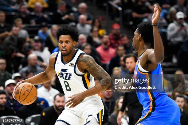 Jaylen Hoard of the Oklahoma City Thunder defends Rudy Gay of the Utah Jazz during the first half of a game at Vivint Smart Home Arena on April 06,...