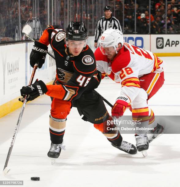 Trevor Zegras of the Anaheim Ducks skates with puck during the third period against the Calgary Flames at Honda Center on April 6, 2022 in Anaheim,...