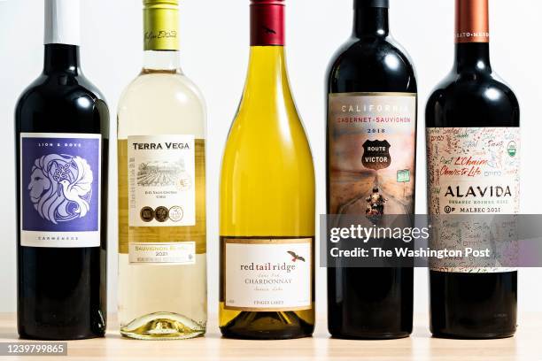 Wines from left to right: Lion & Dove Carmenere 2019, Terra Vega Sauvignon Blanc 2021, Red Tail Ridge Chardonnay Sans Oak 2020, Route Victor Cabernet...