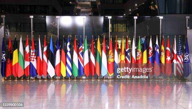 Flags of member states of NATO are seen before a meeting of NATO foreign ministers at NATO headquarters, in Brussels, on April 7, 2022.