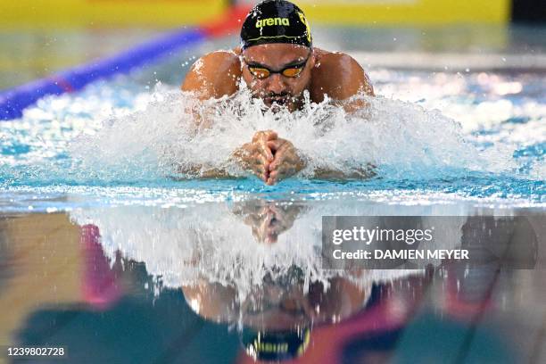 French swimmer Florian Manaudou competes in the mens' 50m breaststroke heats during the French swimming championships in Limoges, central France, on...